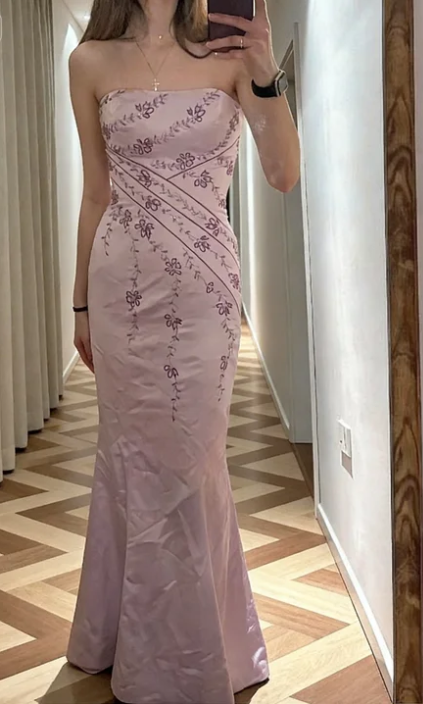 Sweet Light Pink Strapless Embroidered Satin Mermaid Long Prom Dress Evening Dress