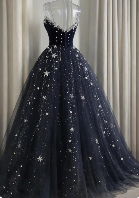 Dreamy Starry Night Navy Blue Star Beaded Tulle Long Prom Dress Evening Dress