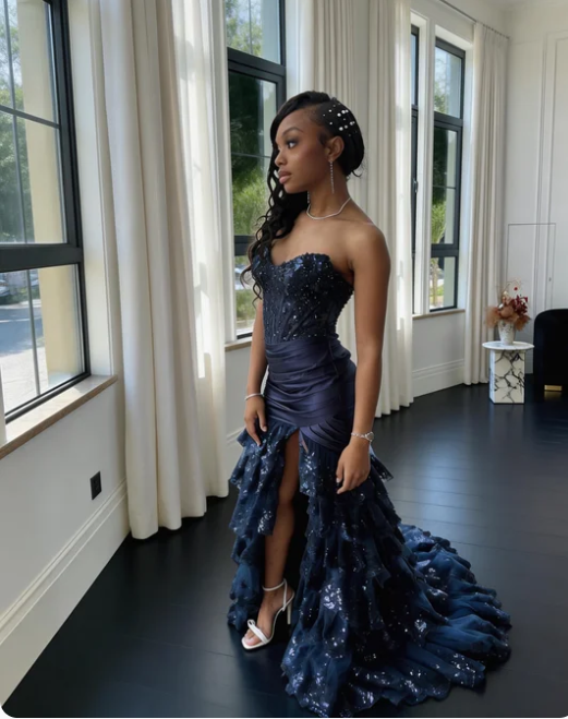 Elegant Navy Blue Strapless High Slit Layered Mermaid Sequin Tulle Train Prom Dress Evening Dress
