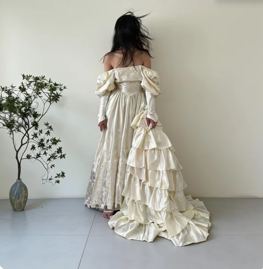 Vintage Court Off-White Off-the-Shoulder Embroidered Layered Ruffle Train Satin Wedding Dress