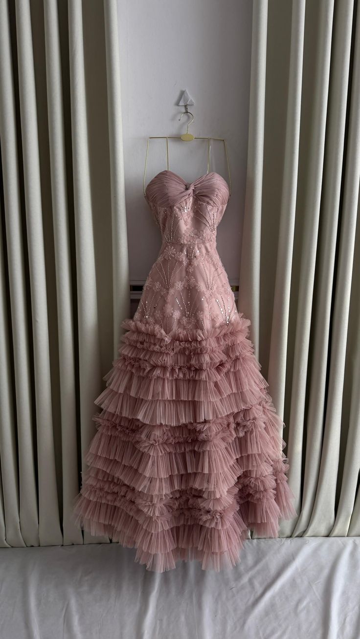 Sweet Princess Pink 3D Floral Beaded Tulle Cake A-Line Long Prom Dress Evening Dress