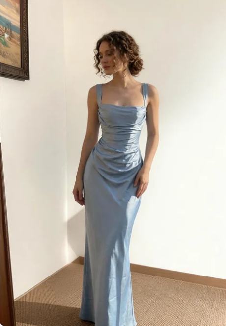 Simple Blue Square Neck Spaghetti Strap Mermaid Satin Long Prom Dress Evening Dress