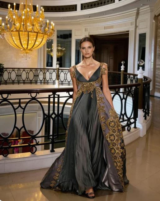 Royal Court Gray Gold Deep V Backless Gold Embroidered Lace Satin Train Prom Dress Evening Dress