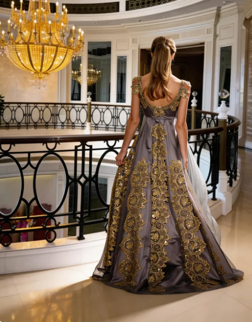 Royal Court Gray Gold Deep V Backless Gold Embroidered Lace Satin Train Prom Dress Evening Dress