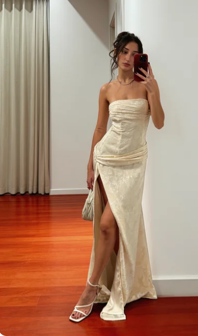 Simple Cream White Strapless High Slit Mermaid Jacquard Satin Long Prom Dress Evening Dress