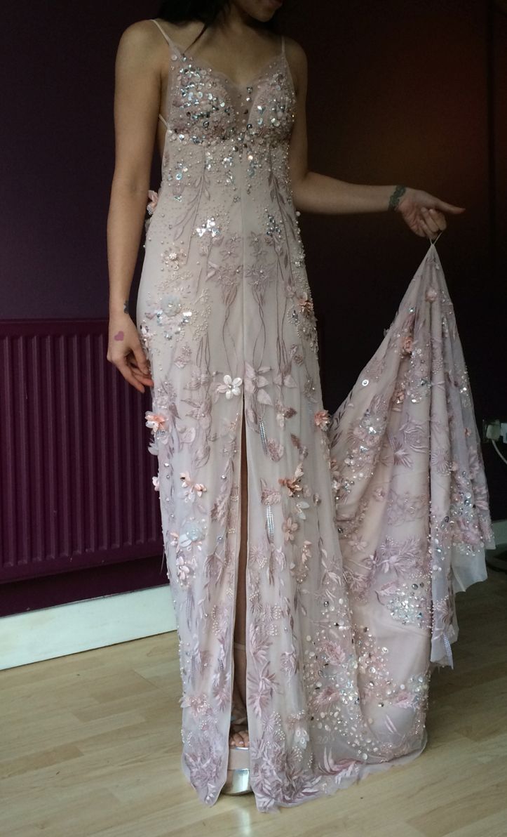 Beautiful Pink Spaghetti Strap 3D Floral Beaded High Slit Train Tulle Prom Dress Evening Dress