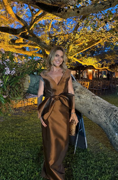 Elegant Bronze Sleeveless Deep V Backless Bow Satin Long Prom Dress Evening Dress