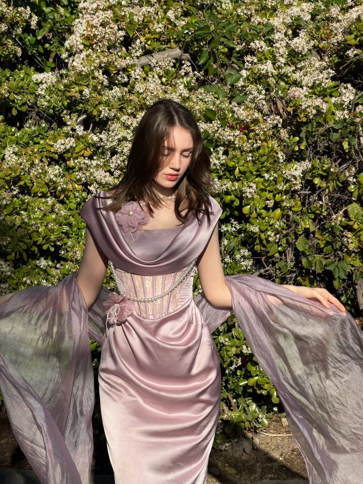 Vintage Dusty Pink Lace Boned Cowl Neck Pearl Flower Satin Long Prom Dress Evening Dress