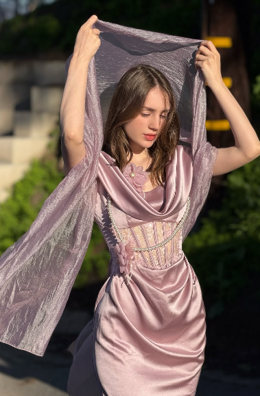 Vintage Dusty Pink Lace Boned Cowl Neck Pearl Flower Satin Long Prom Dress Evening Dress