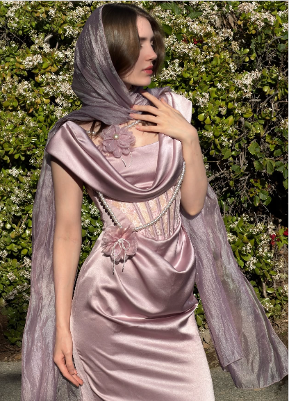 Vintage Dusty Pink Lace Boned Cowl Neck Pearl Flower Satin Long Prom Dress Evening Dress