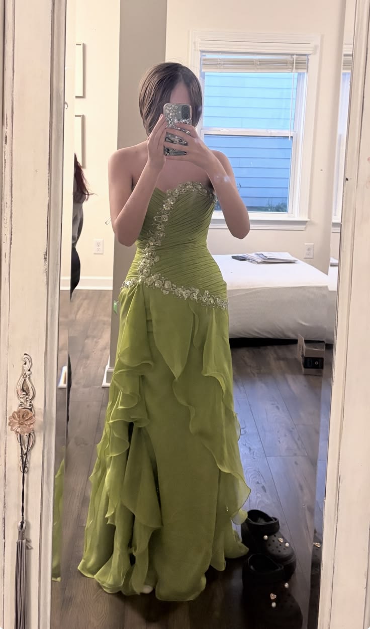 Elegant Lime Green Strapless Irregular Ruffle Chiffon Long Prom Dress Evening Dress