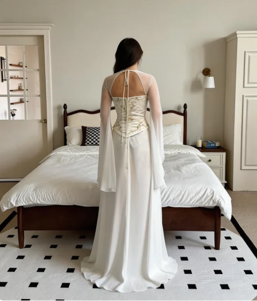 Vintage Ivory A-Line Square Neck Bell Sleeve Embroidered Satin Long Prom Dress Evening Dress