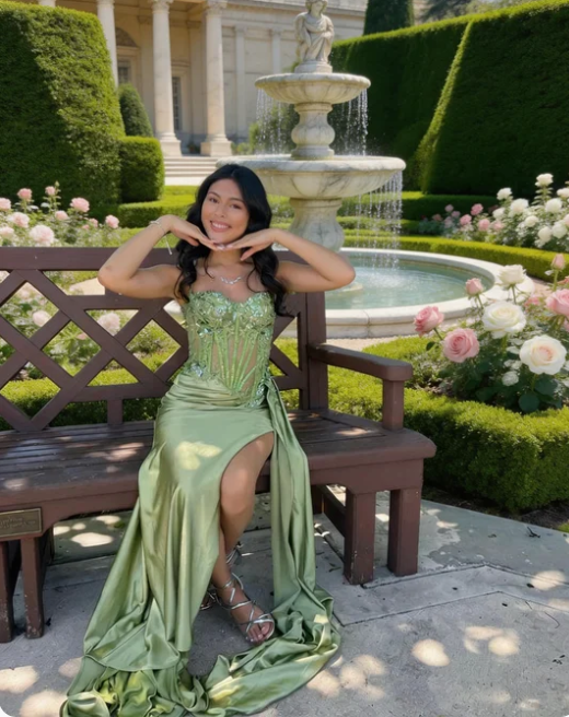 Fresh Lime Green Spaghetti Strap Sheer Boned Waist Ruched High Slit Satin Train Prom Dress Evening Dress