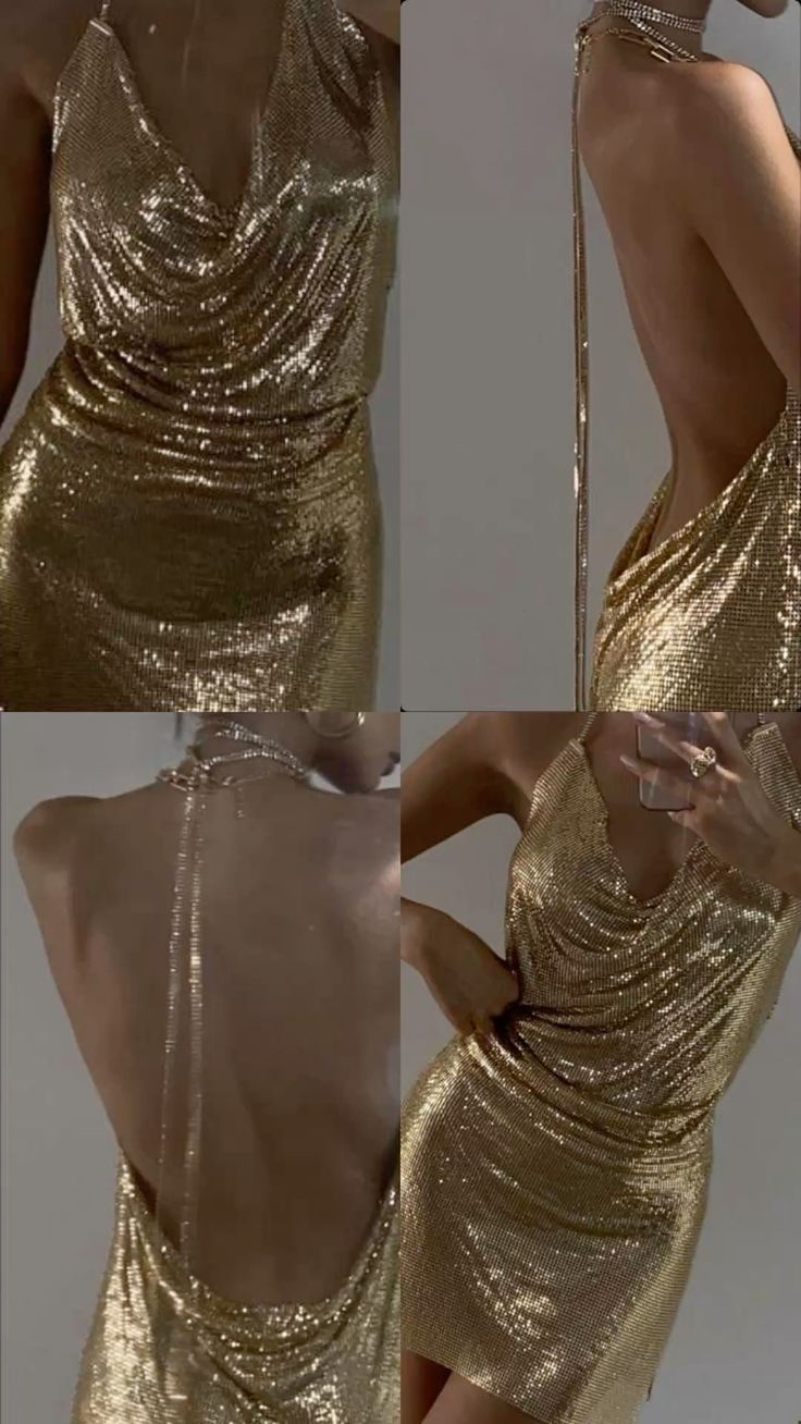 Luxury Sparkling Gold Deep V Halter Neck Open Back Sequin Birthday Party Homecoming Dress