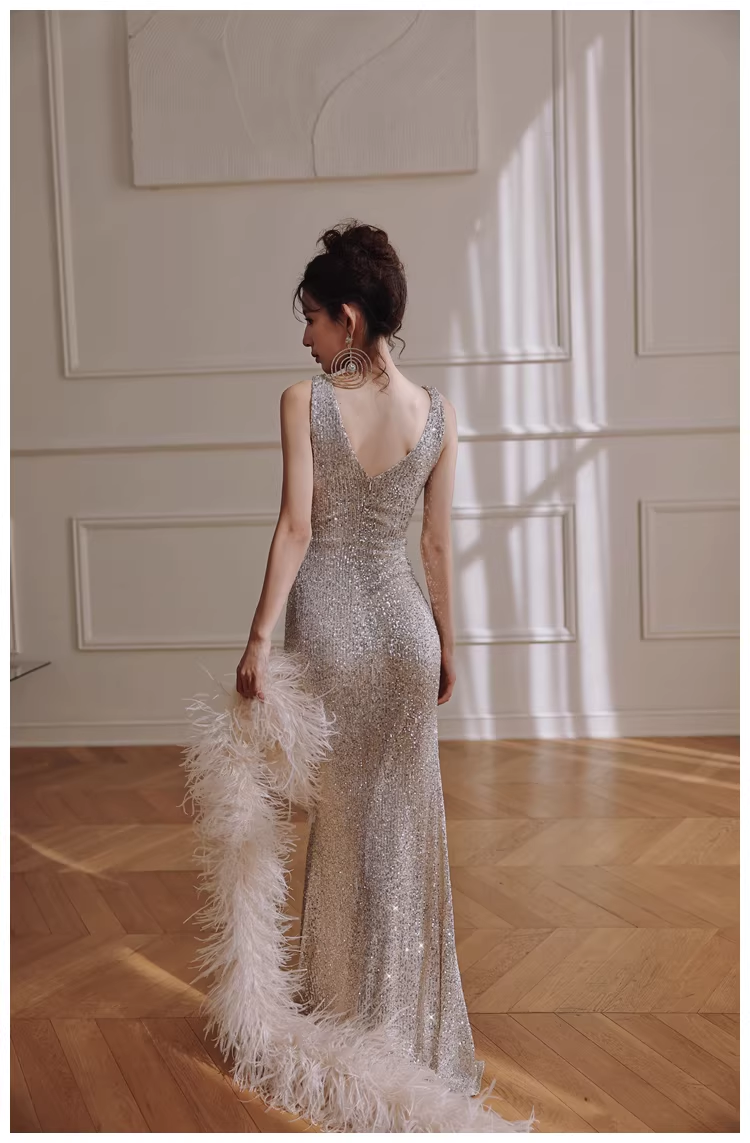 Glitter V Neck Silver Sequin Slit Mermaid Long Evening Dress Birthday Dress