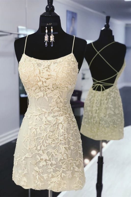 Sweet Light Yellow Suspender Square Neck Three-dimensional Lace Floral Slim Short Birthday Dress Homecoming Dress