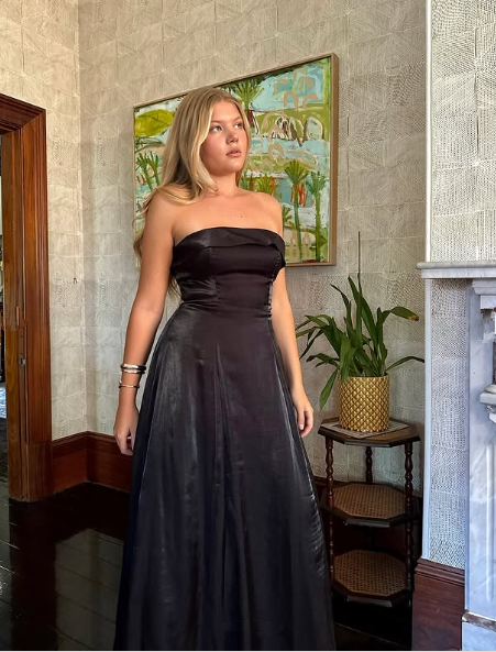 Unique Black Strapless A Line Prom Dress Formal Evening Dress
