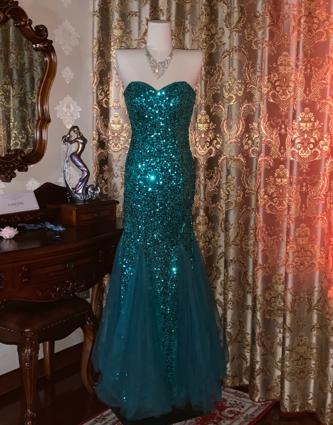 Vintage Strapless Green Tulle Sequin Mermaid Evening Dress Long Wedding Guest Dress Party Gown