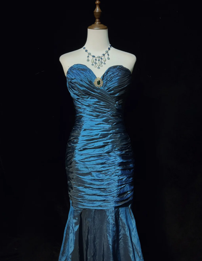 Vintage Strapless Navy Blue Satin Pleated Beaded Mermaid Long Party Dress Evening Dress
