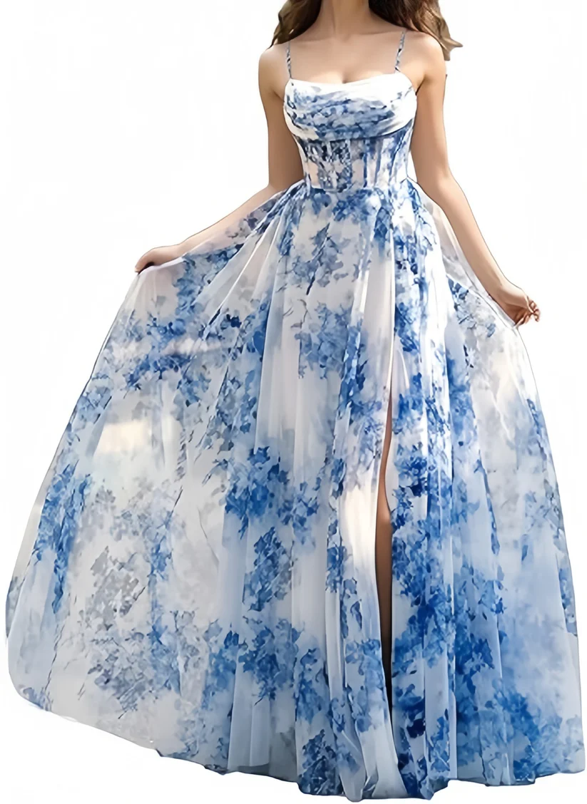 Elegant Spaghetti Strap Blue Chiffon Print Floral Prom Dress ,Formal Slit A Line Evening Dress