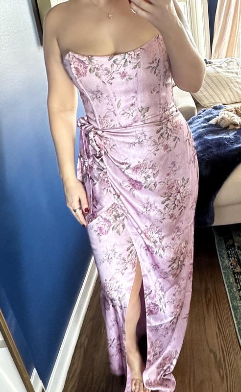 Fuchsia Printed Corset Front-Slit Satin Sheath Prom Dress,Formal Party Evening Dress