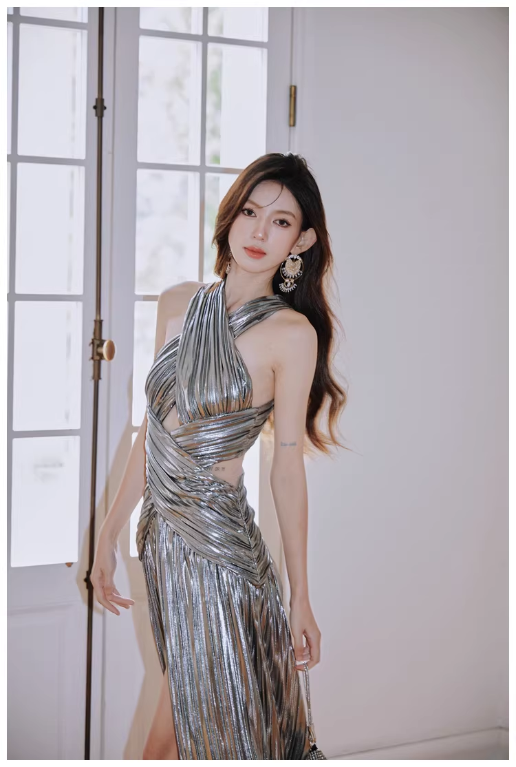 Fashion Silver Gray Satin Pleated High Slit Long Evening Dress Sexy Prom Dress