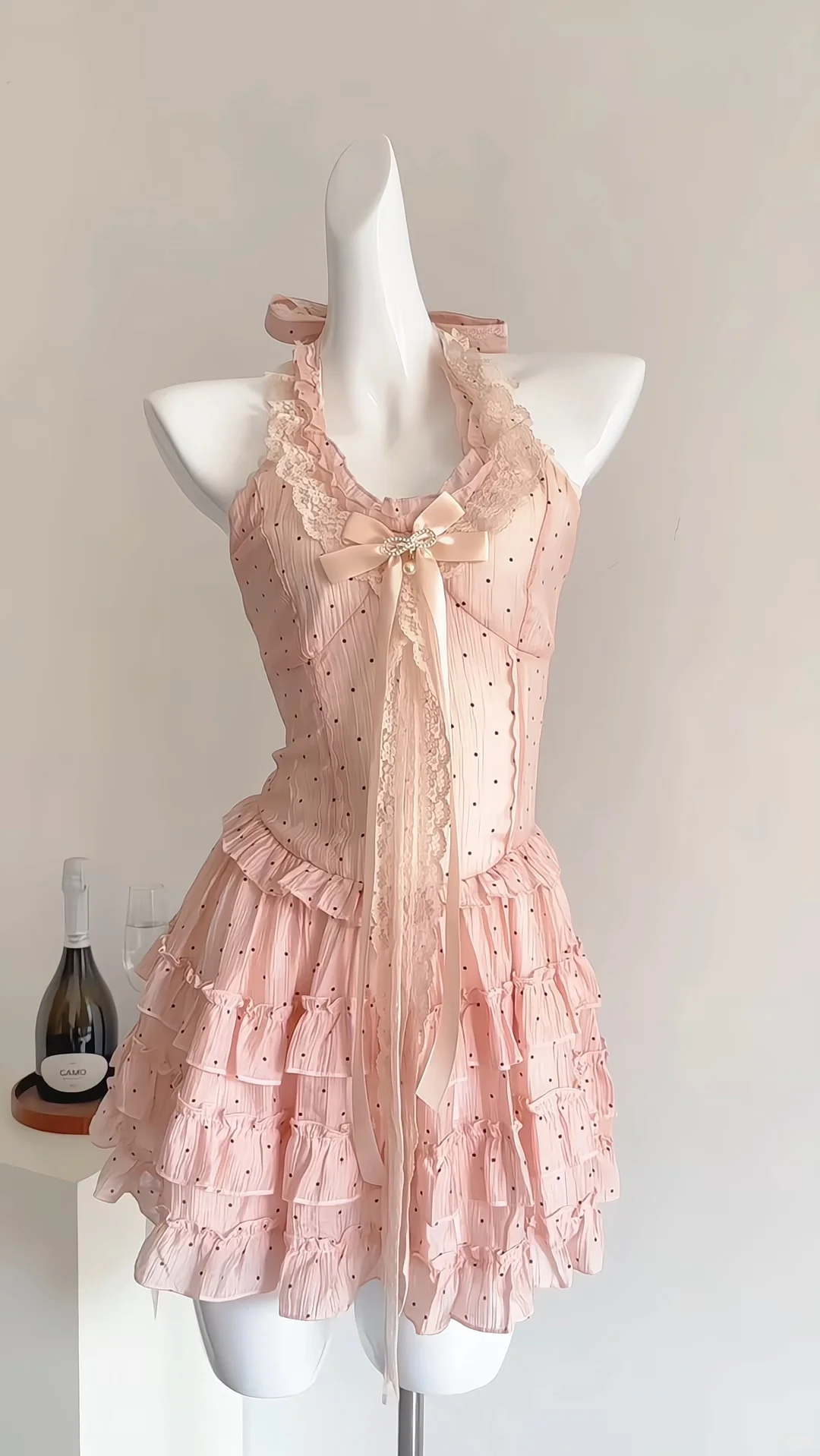 Elegant Pink Halter Ruffles A Line Holiday Dress Short Vacation Dress