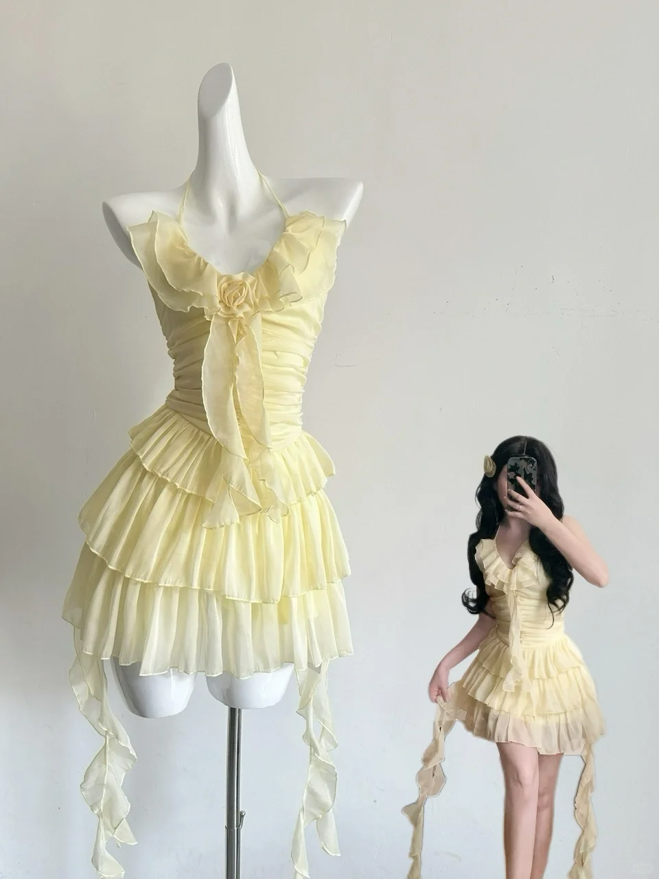 Cute Yellow Halter Chiffon Holiday Dress Mini Party Dress
