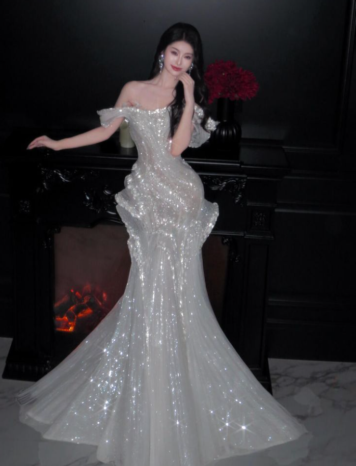 Shiny White Off The Shoulder Tulle Sequin Mermaid Long Wedding Dress