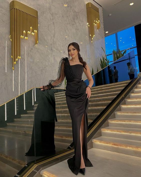Charming Black Sheath One Sleeve Evening Dress With Split