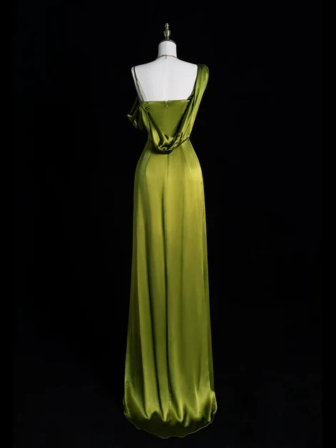 Lovely Green Satin One Shoulder Prom Dress A-line Slit Party Dress
