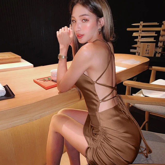 Satin Lace Up Cross Backless Bodycon Dress Sexy Party Dress