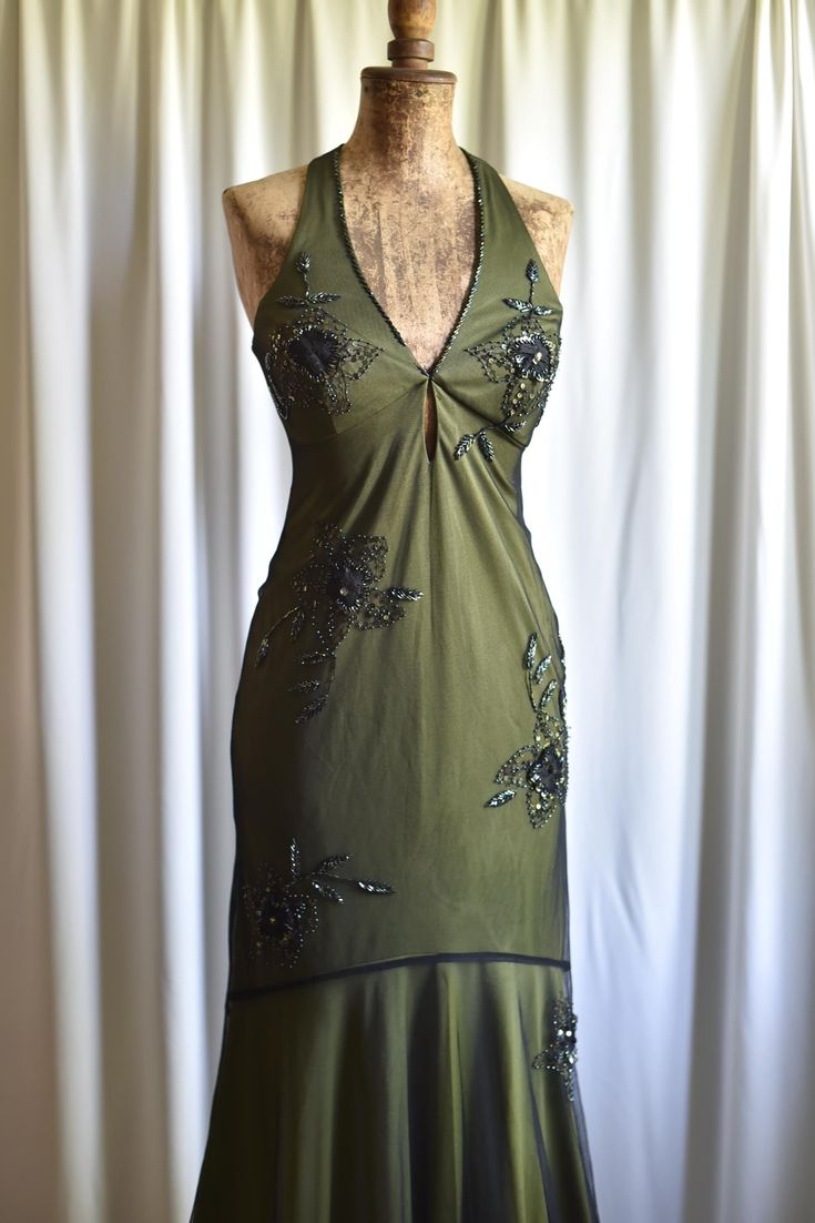 Vintage Olive Green Satin Tulle Beaded Mermaid Evening Dress Backless Long Party Dress