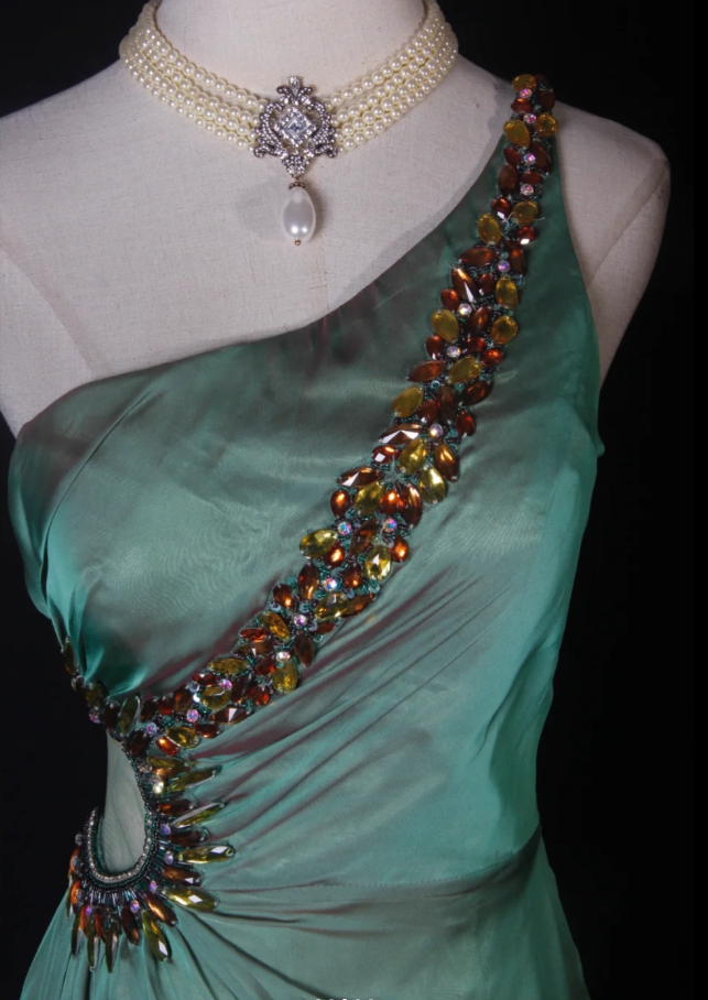 Vintage Green One Shoulder Satin Chiffon Beaded Mermaid Long Evening Dress Birthday Dress