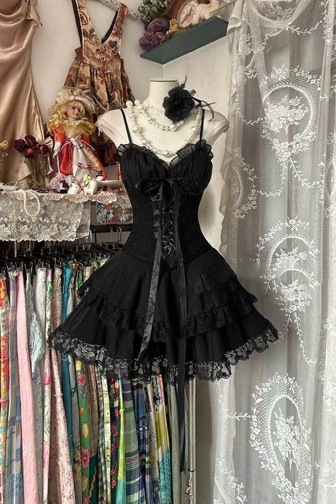 Sweet Spaghetti Straps Black Lace Mini Birthday Party Dress Formal Homecoming Dress