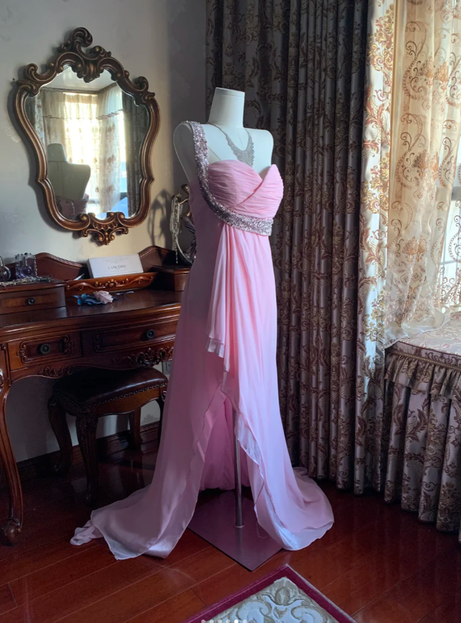Classy One Shoulder Chiffon Beaded Mermaid Long Wedding Guest Dress Pink Evening Dress