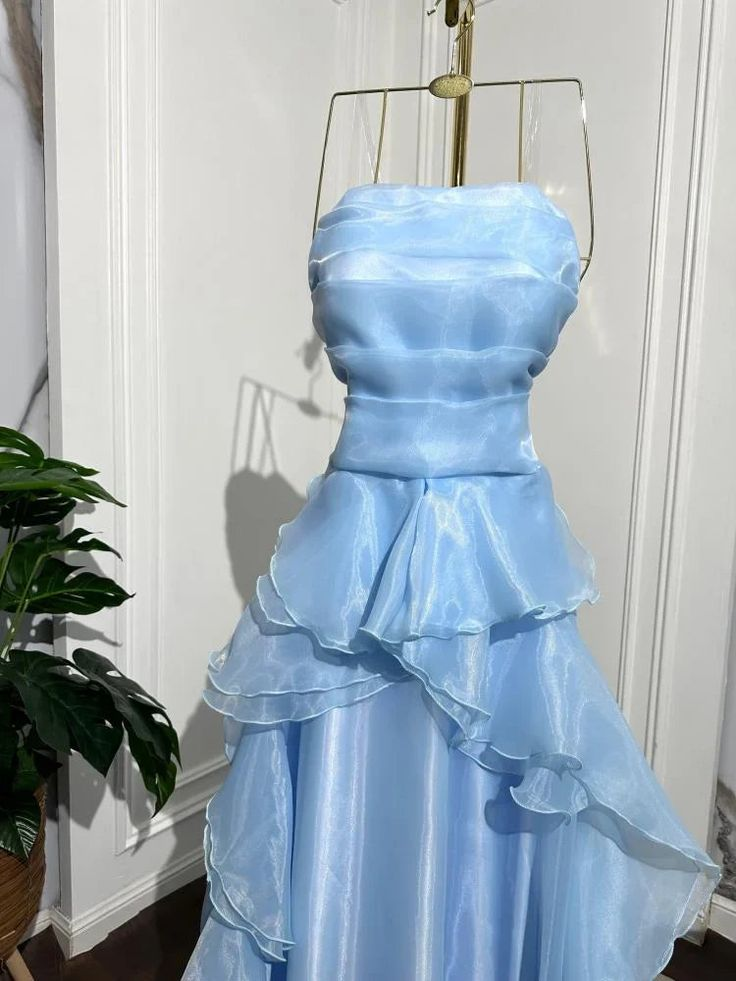 Classy Strapless Blue Organza Pleated Ruffles Long Party Dress Formal Wedding Guest Dress