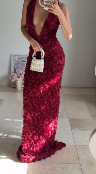 Gorgeous Deep V Burgundy Rose Flowers Long Party Evening Dress,Sheath Prom Dress