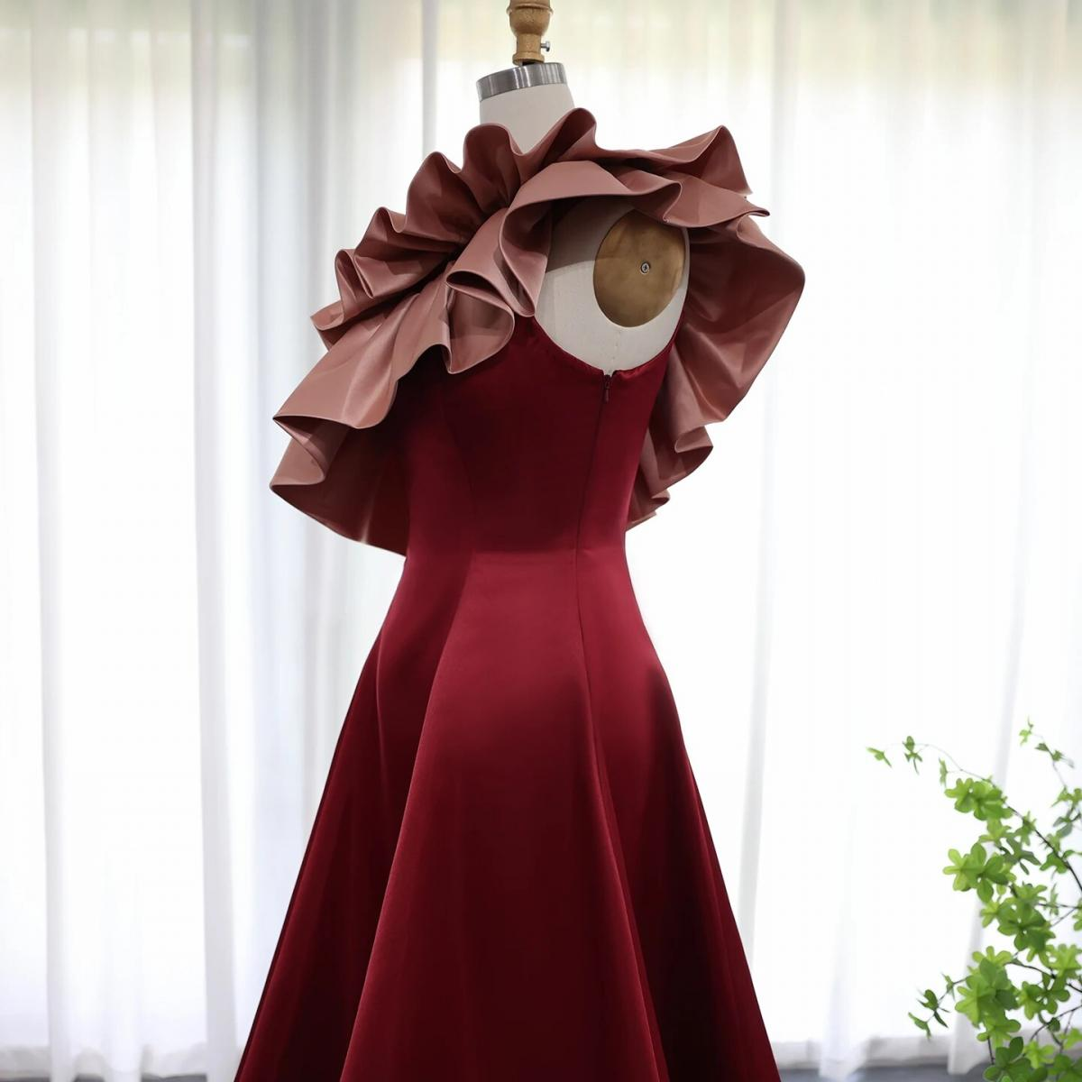 Red Ruffled Neckline A-line Evening Dress