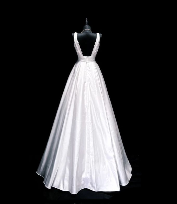 Classy V Neck White Satin Appliques Long Wedding Dress Formal Bridal Dress