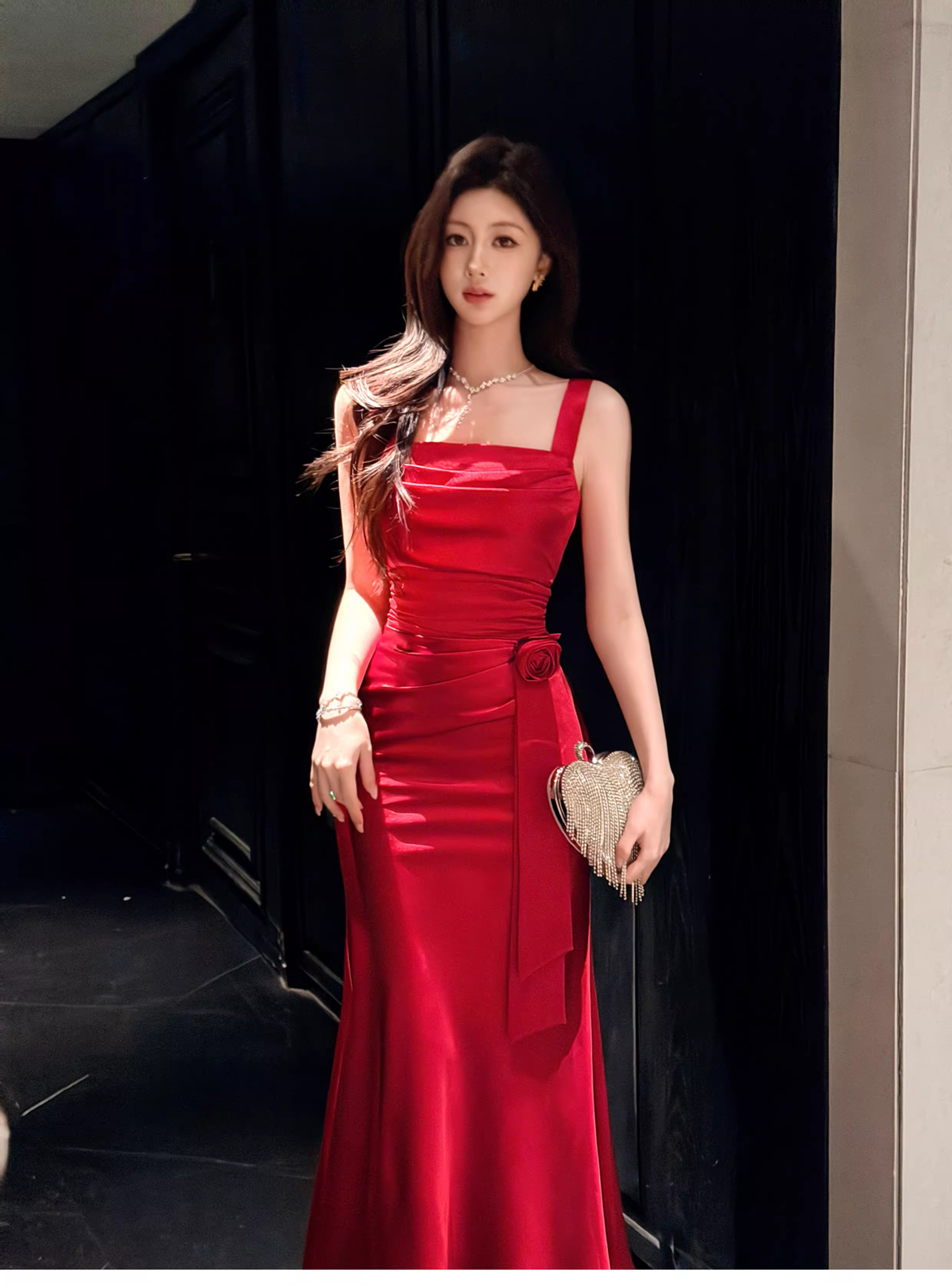 Pretty Red Spaghetti Straps Satin Pleated Mermaid Long Wedding Guest Dress Formal Evening Dress