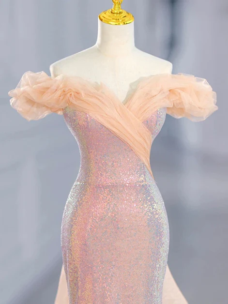 Classy Pink Sequins Off Shoulder Mermaid Party Dress Long Prom Evening Gown