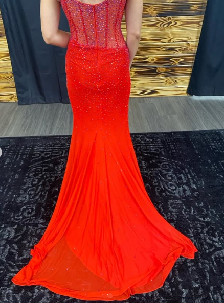 Charming Red Spaghetti Straps Slit Mermaid Evening Dress Formal Prom Dress With Beaded