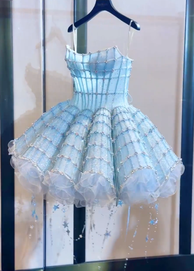 Fantasy Blue Tulle Beaded Short Birthday Dress A Line Homecoming Dress