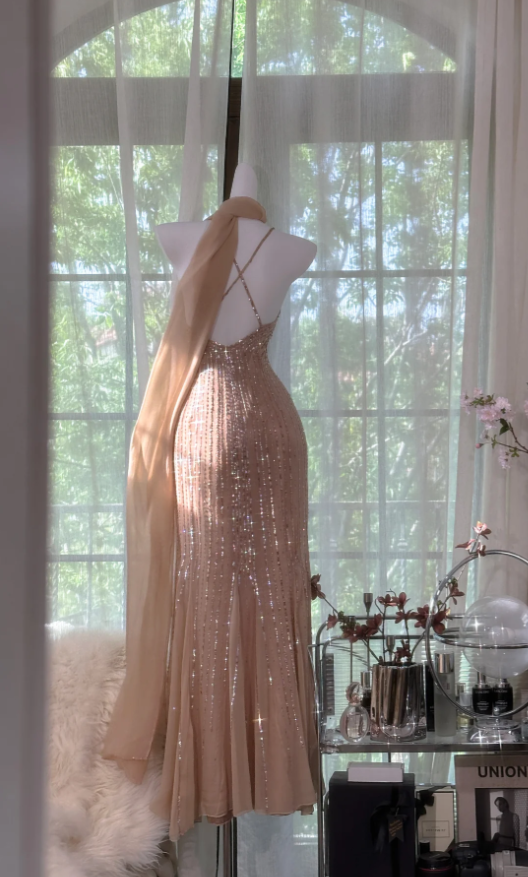 Sparkly Spaghetti Straps Chiffon Sequin Beaded Mermaid Long Party Dress Wedding Guest Dress