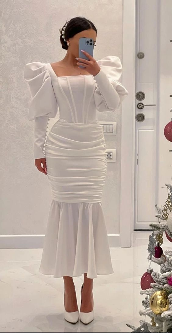 Vintage White Square Neckline Mermaid Prom Dress,White Reception Dress