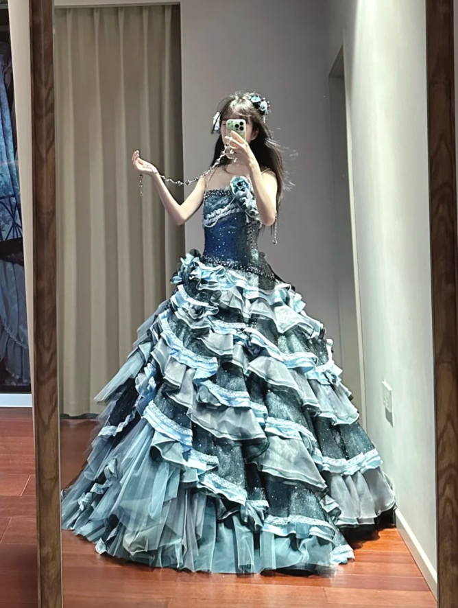 Shiny Strapless Tulle Satin Beaded Ball Gown Blue Layered Sweet 16 Dress Quinceanera Dress