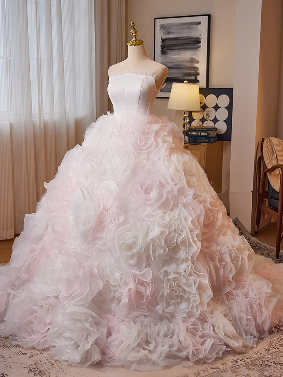 Gorgeous Tulle Rose Flower Strapless Quinceanera Dress Sweet 16 Ball Gown