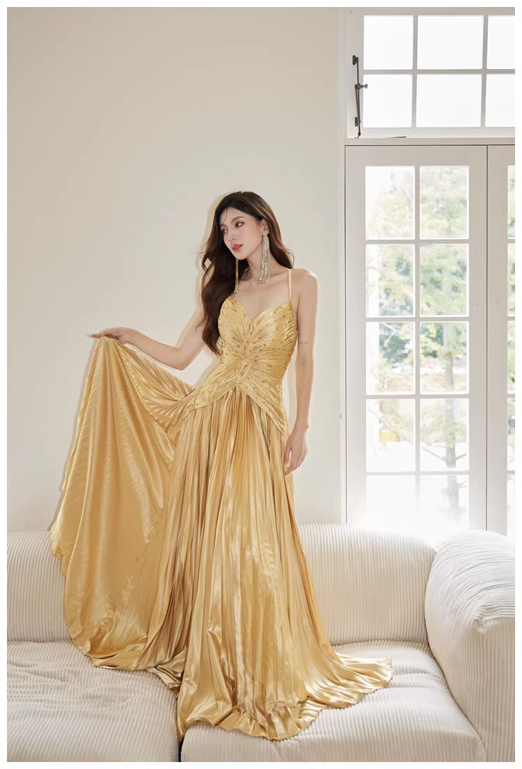 Gorgeous Spaghetti Straps Gold Satin Pleated Beaded A Line Long Evening Dress Birthday Dress