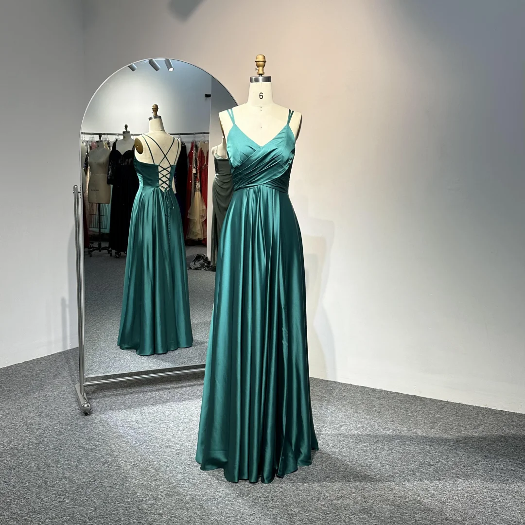 Elegant Green V Neck Satin A Line Long Bridesmaid Dress Formal Wedding Guest Dress